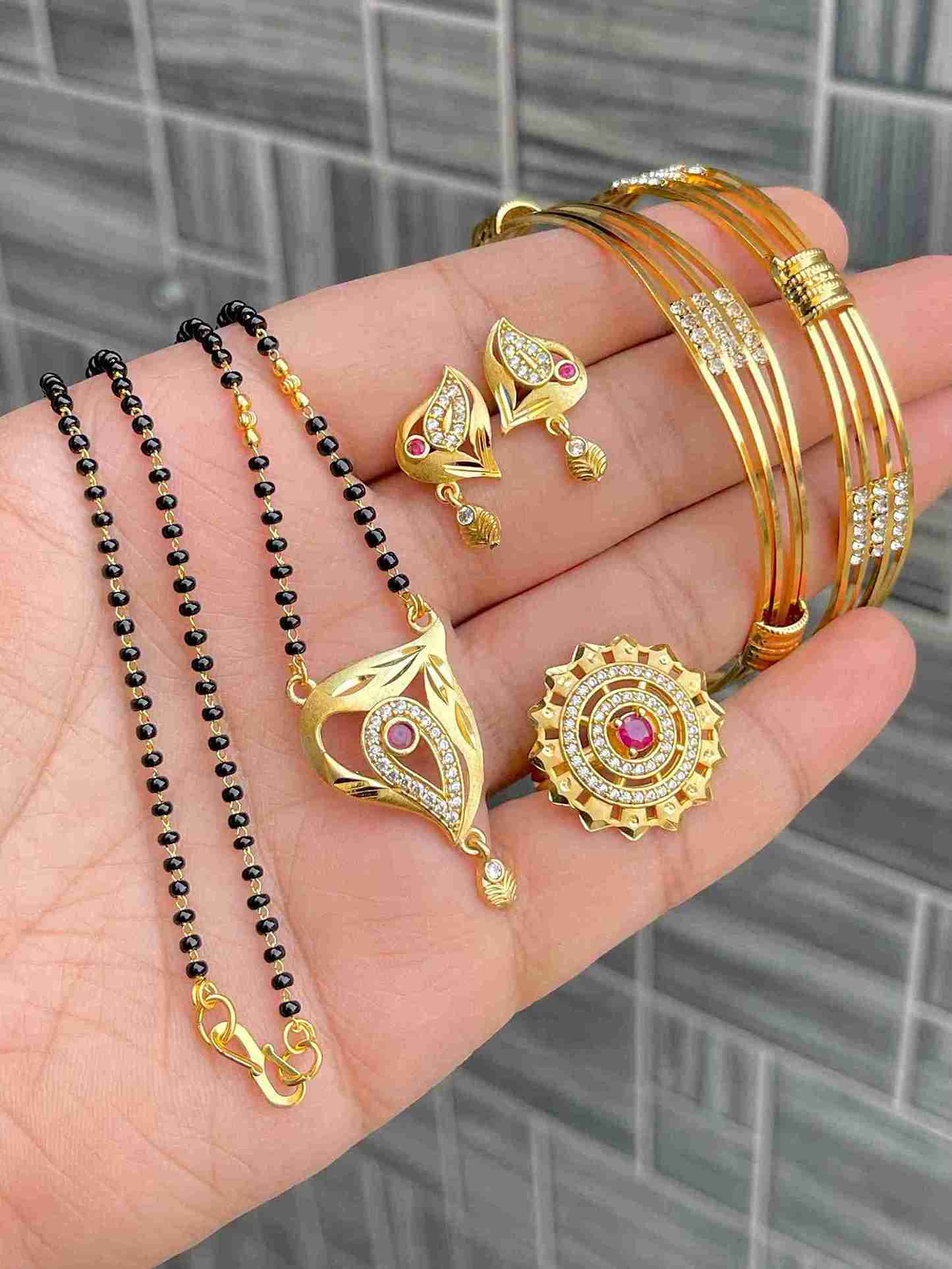 Gold Plated Mangalsutra With Tops Ad Adjustable Ring With Bangle Combo